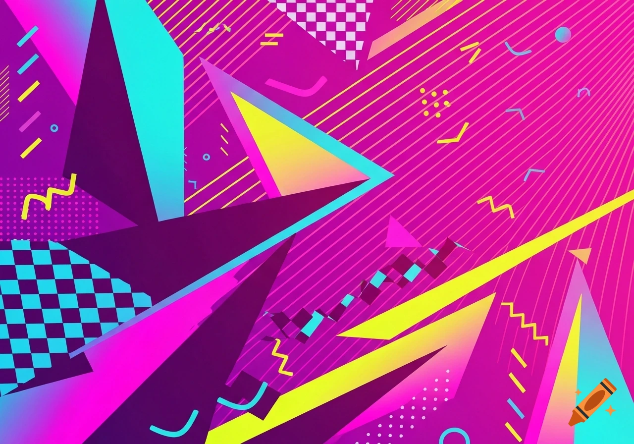 Vibrant 80s style abstract background with geometric shapes in neon pink, blue, yellow, and purple.