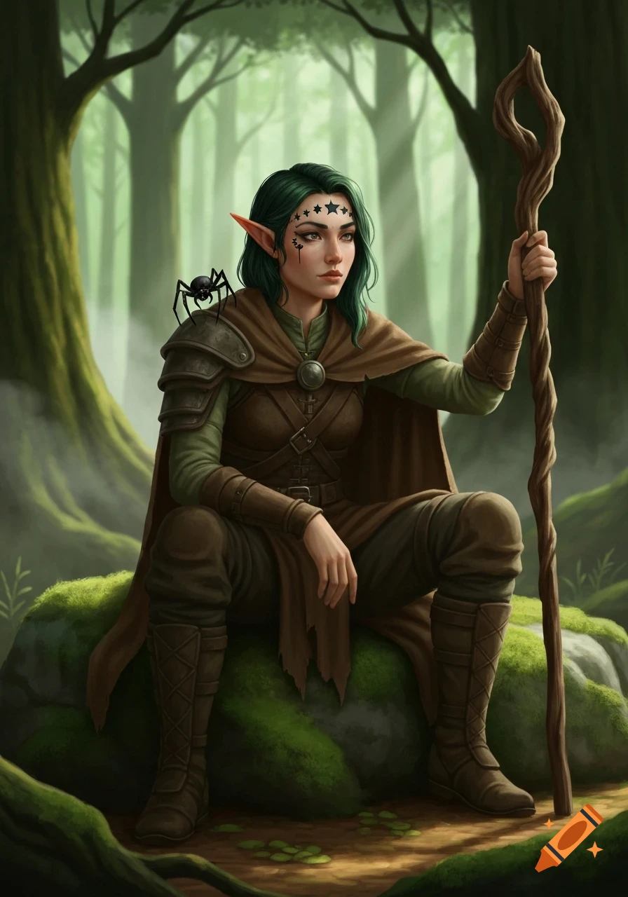 A green-haired elf druid in leather armor and brown cloak sits on a mossy rock in a lush forest, holding a twisted staff, with a spider on her shoulder.