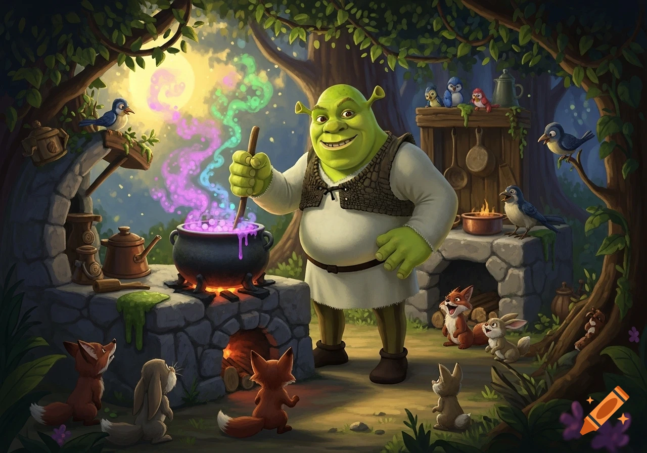 Shrek stirs a glowing purple potion in a large cauldron over a fire, surrounded by small animals in a lush forest setting.