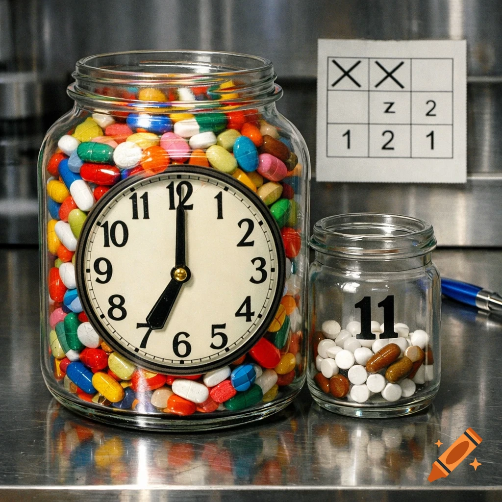A large glass jar filled with colorful pills has a clock face set to 7 o'clock. Next to it, a smaller jar with "11" written on it contains white and brown pills. Both sit on a metallic surface with a pen and a grid-patterned note in the background.