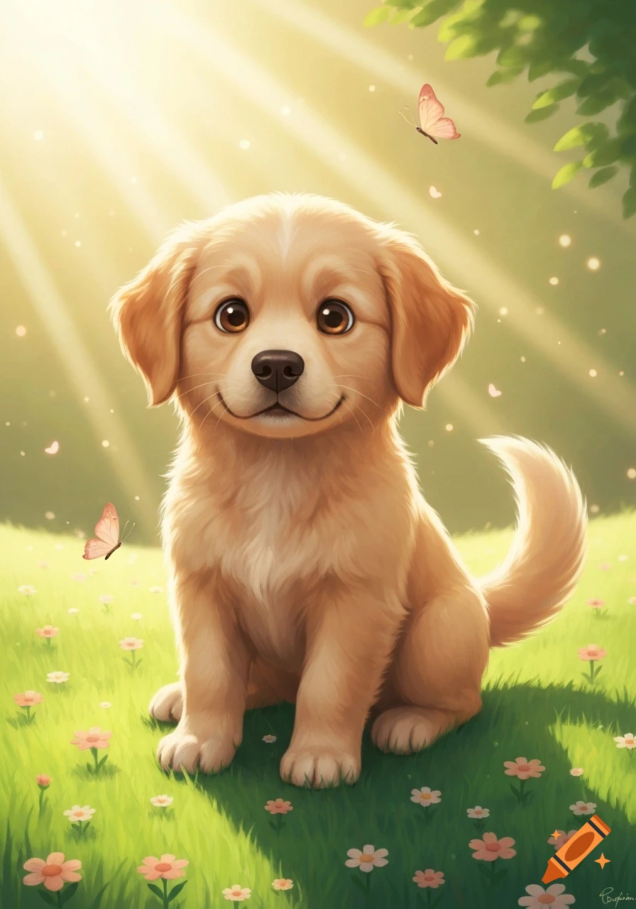 A cute golden retriever puppy with big eyes sits in a sunny green field with pink flowers and butterflies.