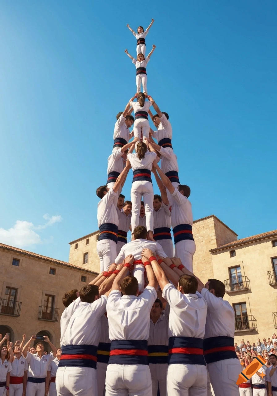 A tall human tower of castellers in white and red/blue sashes, under a clear blue sky with old buildings in the background.