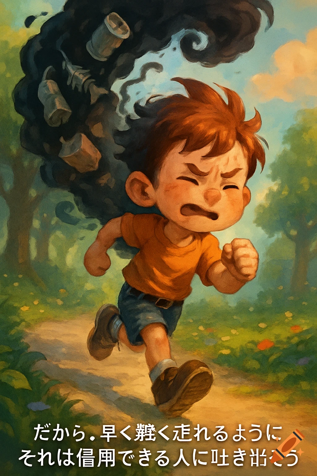 A cartoon boy with red hair, wearing an orange shirt and blue shorts, runs forward on a path with a determined expression. Behind him, dark smoke and floating trash represent negative emotions.