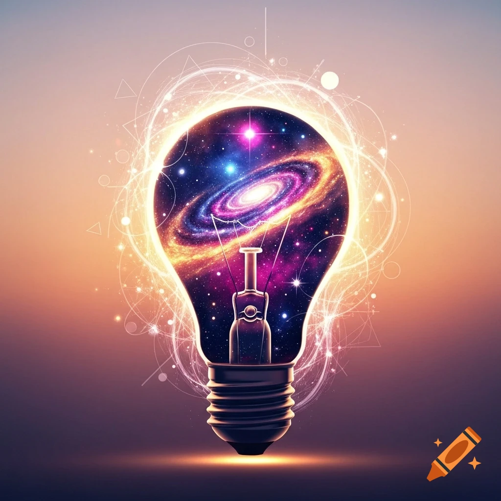 A glowing lightbulb contains a vibrant spiral galaxy, surrounded by abstract white light patterns, against an orange and purple gradient background.