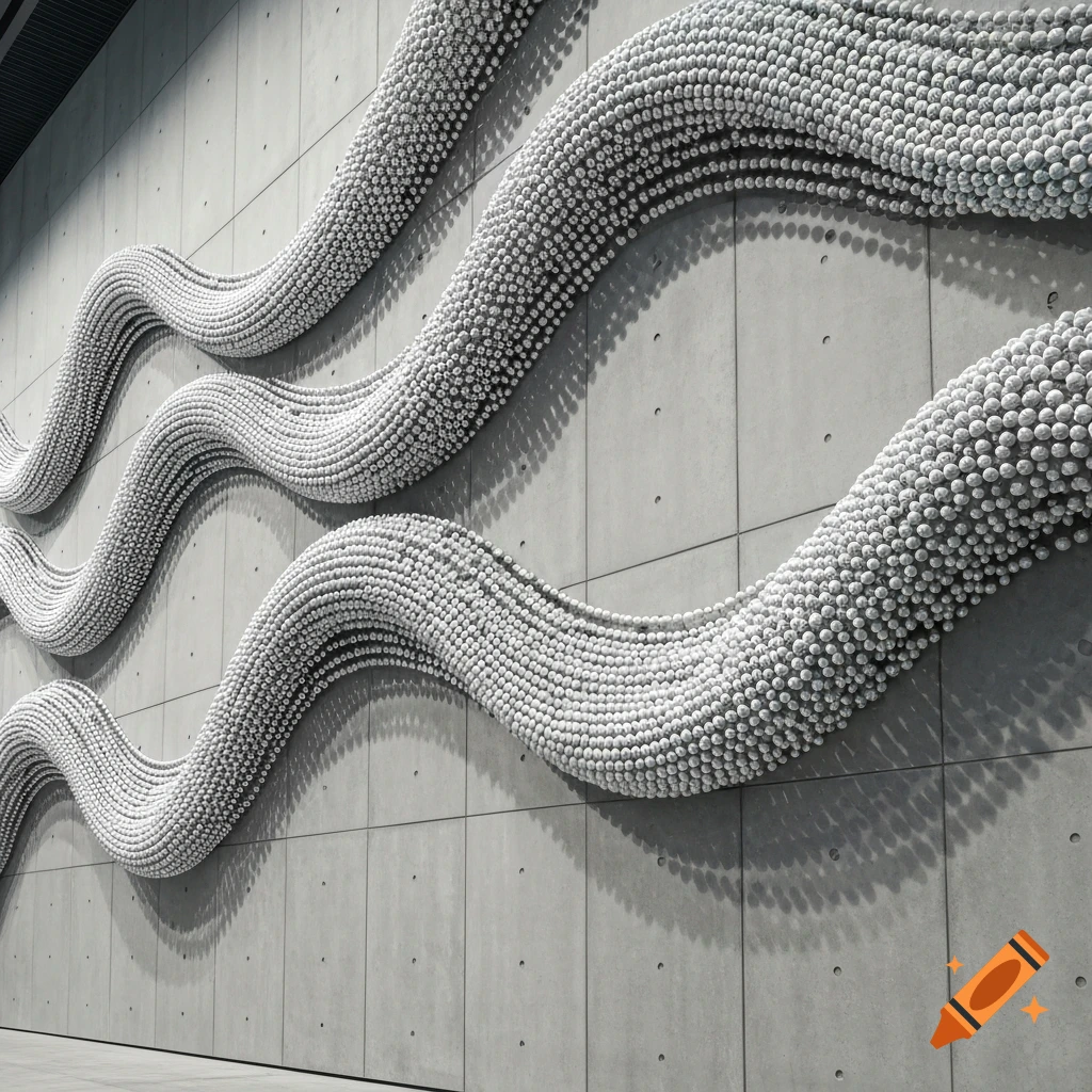 Wavy lines of small white spheres form an abstract sculpture on a concrete wall.