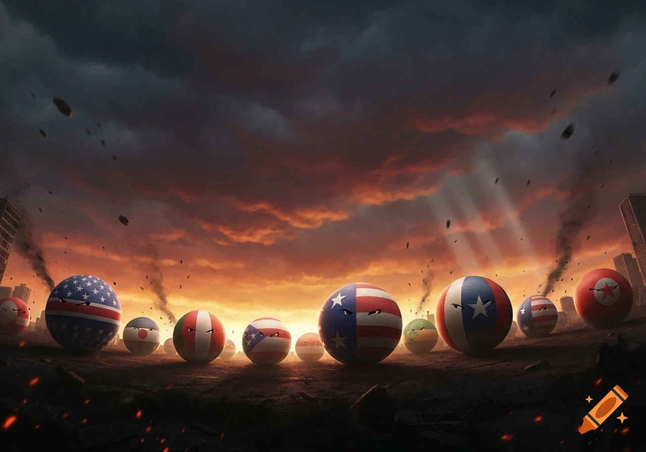 Countryball characters with angry faces and flags gather in an apocalyptic, smoky landscape at sunset.