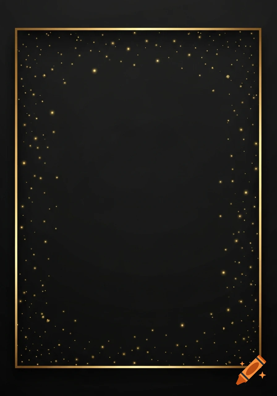 Elegant black background with a gold foil border and soft glowing gold confetti.