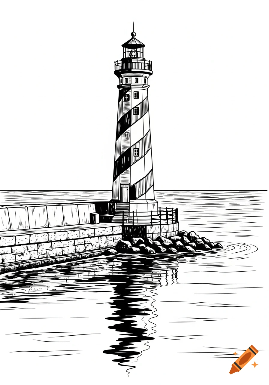 Black and white line art illustration of a striped lighthouse on a rocky pier with water and its reflection.