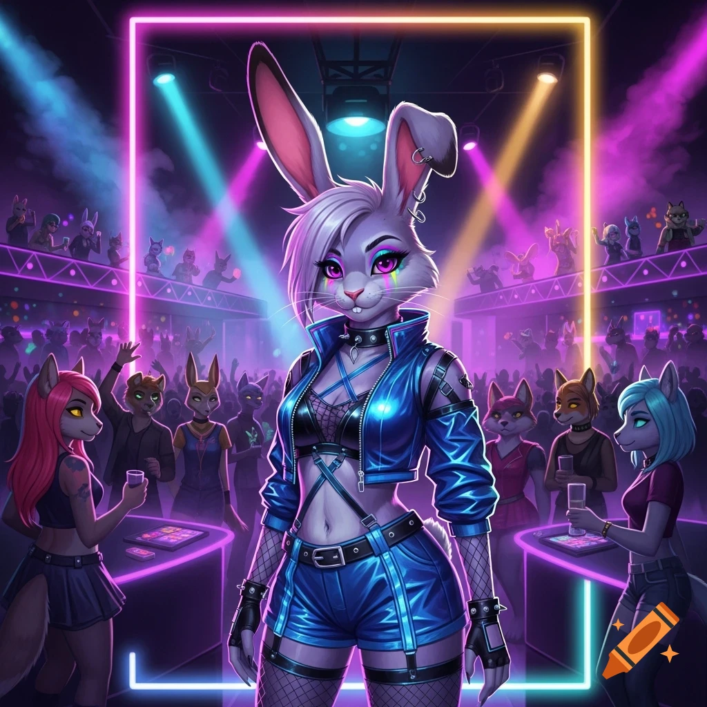 A female anthro rabbit in blue cybergoth fashion stands in a vibrant neon-lit nightclub filled with other anthro patrons, digital art.