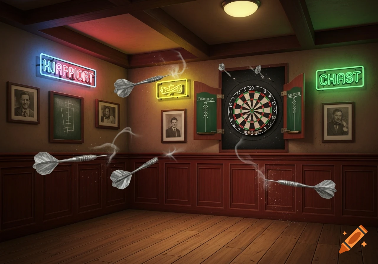A stylized interior of a darts area with neon signs, a dartboard, wooden paneling, and several darts frozen in mid-flight.