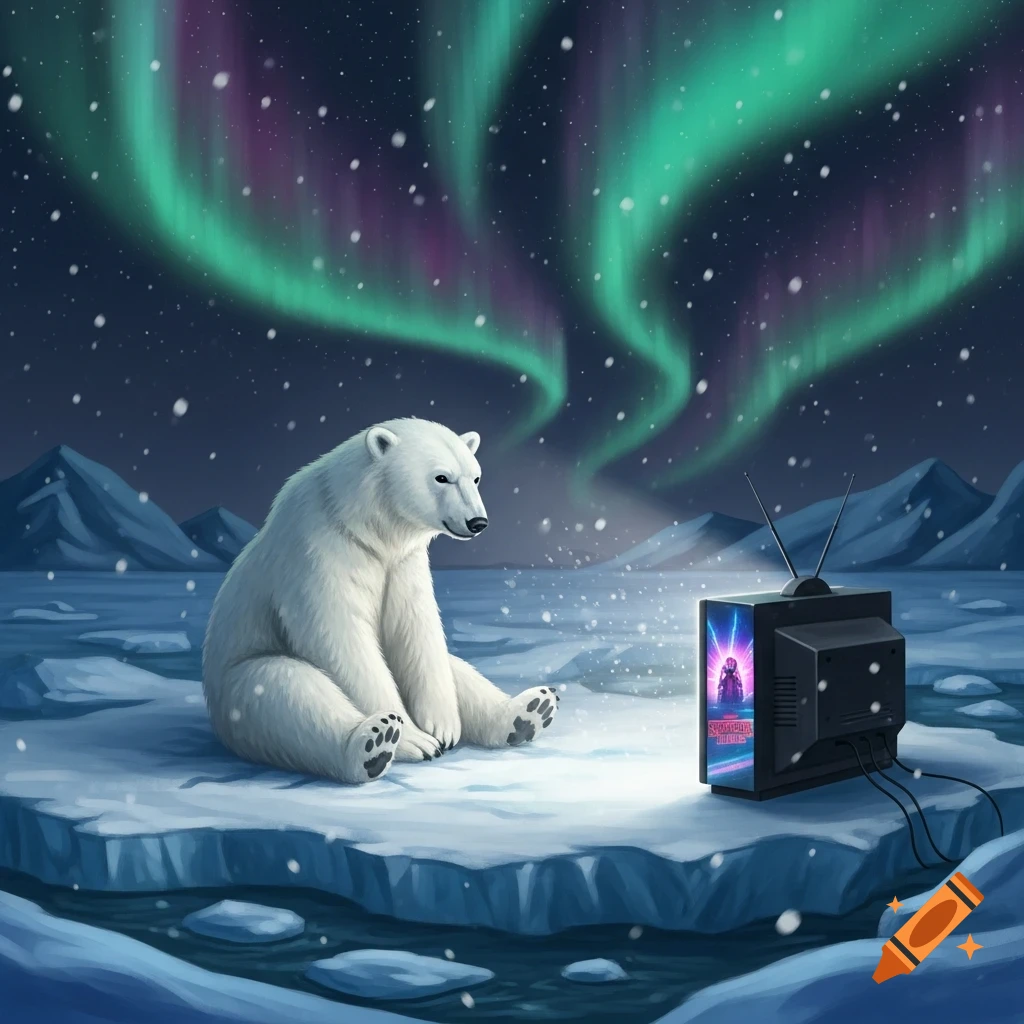 A white polar bear sits on an ice floe, watching a vintage television set under a vibrant green and purple aurora borealis and falling snow.