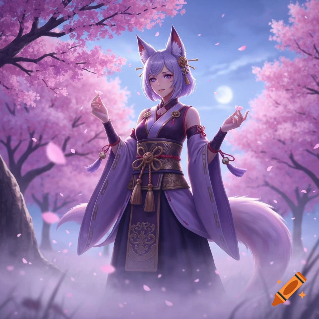 A lavender-haired anime fox-girl in a purple kimono stands among pink cherry blossom trees, holding petals under a full moon.