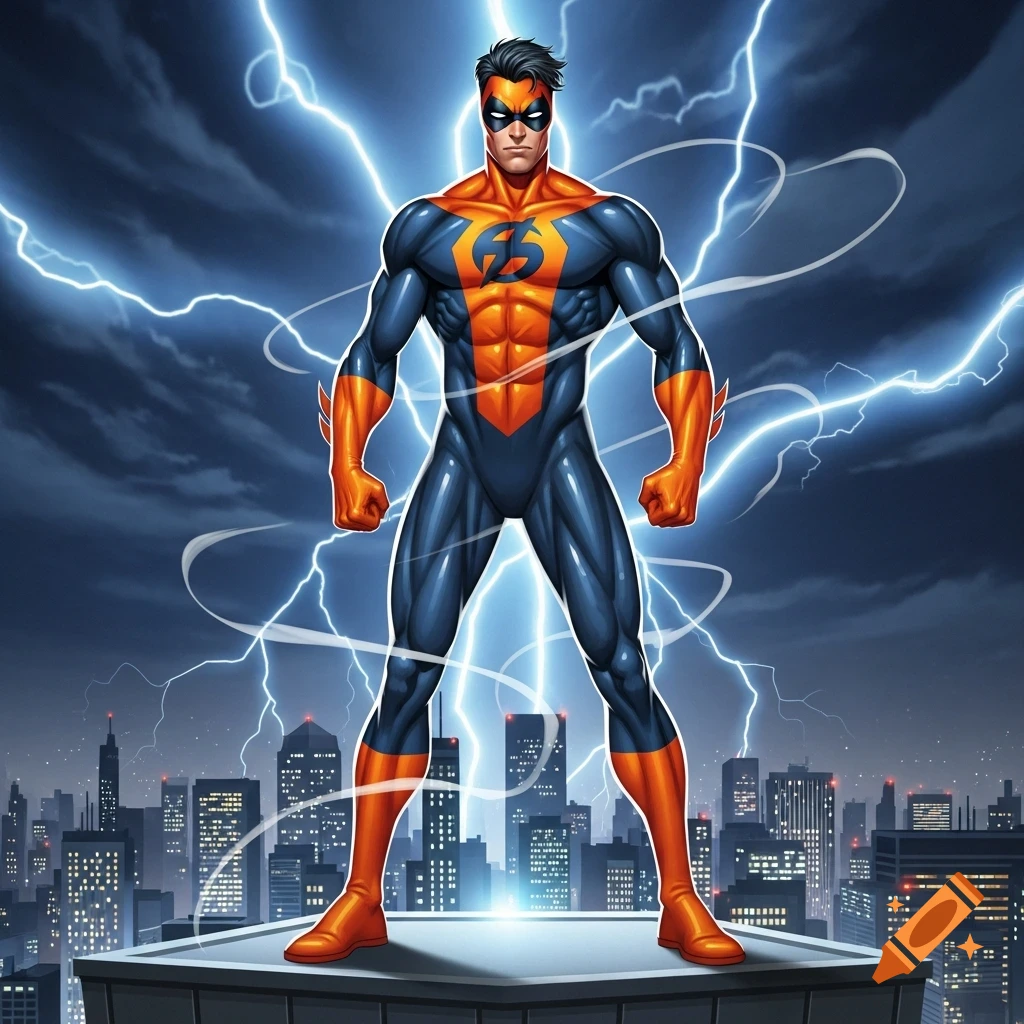 A superhero in a navy and orange costume with a mask stands on a rooftop against a stormy city skyline with lightning.
