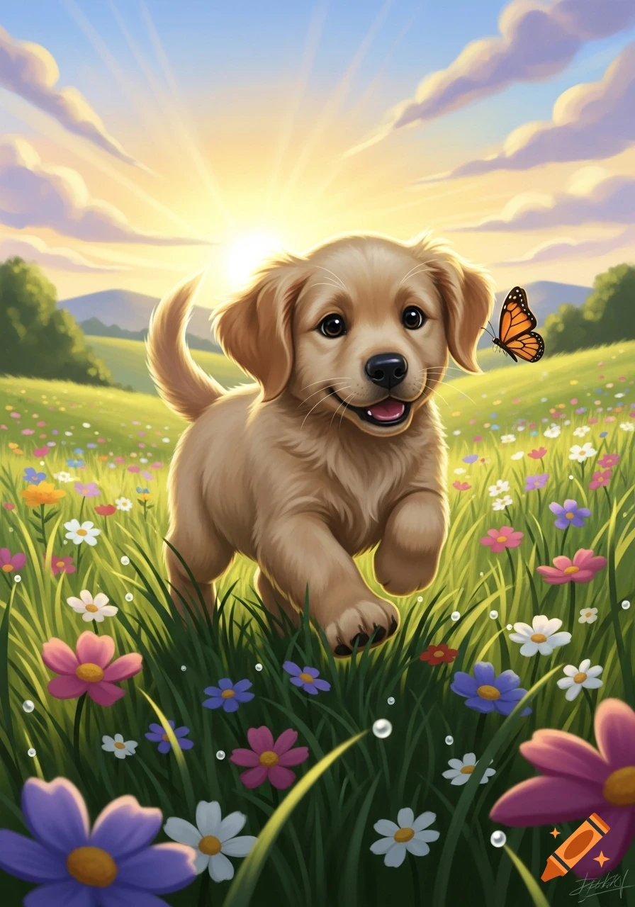 A golden retriever puppy smiles, running through a field of colorful wildflowers with a butterfly, under a bright sunny sky.