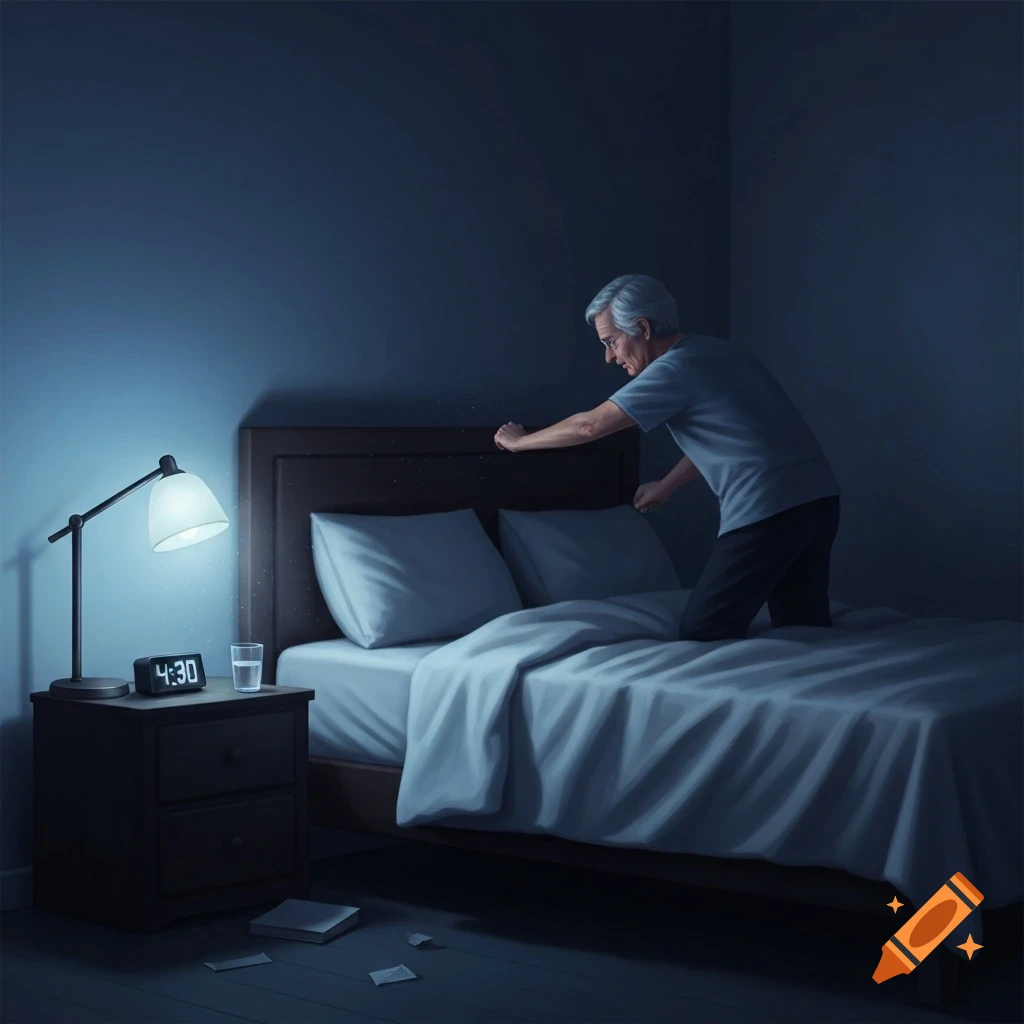 An older man kneels on a bed in a dark bedroom, reaching for the headboard, with a lamp and clock showing 4:30 on the nightstand.