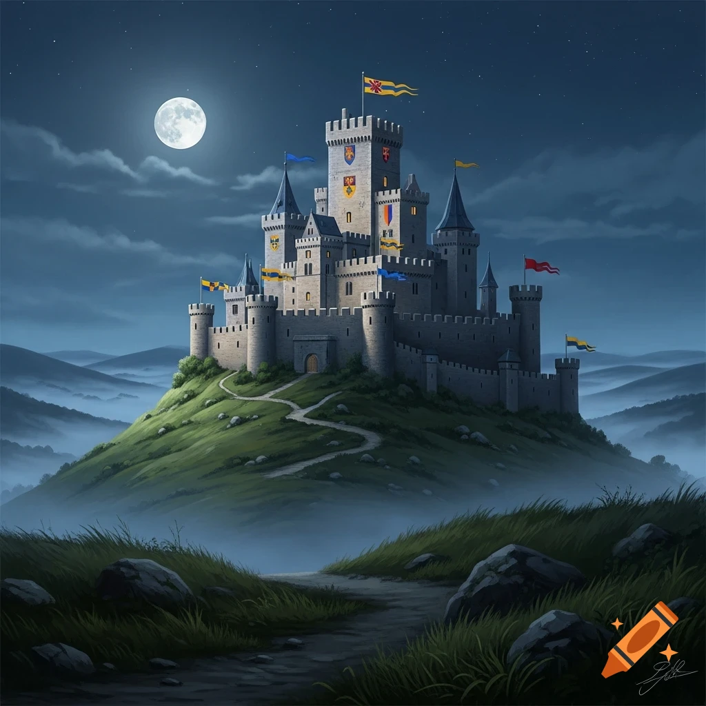 A majestic castle sits atop a grassy hill under a full moon at night, surrounded by misty mountains.