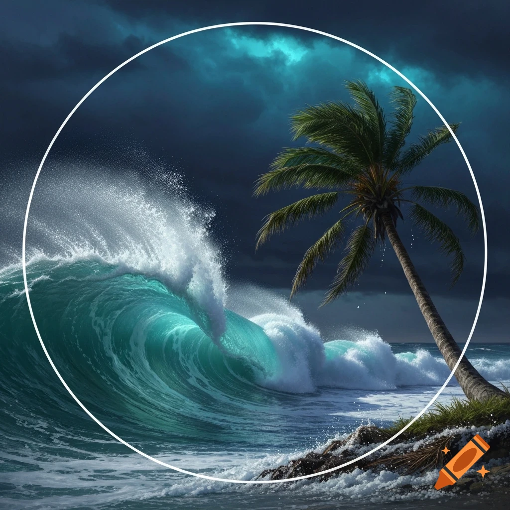 A massive turquoise wave crashes on a tropical beach with a lone palm tree against a dark, stormy sky.