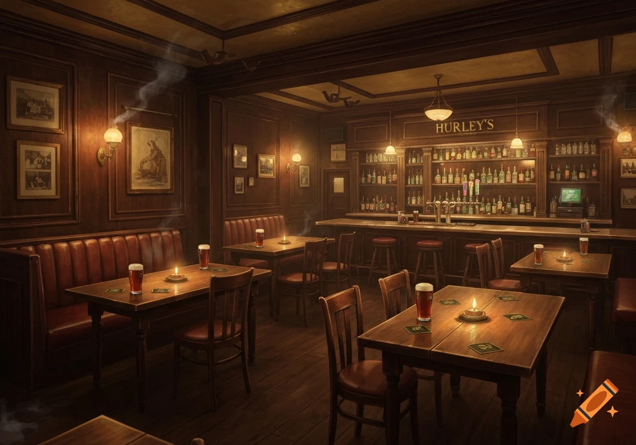 A dimly lit, wood-paneled Irish pub interior with tables, booths, and a well-stocked bar, illuminated by warm lights.