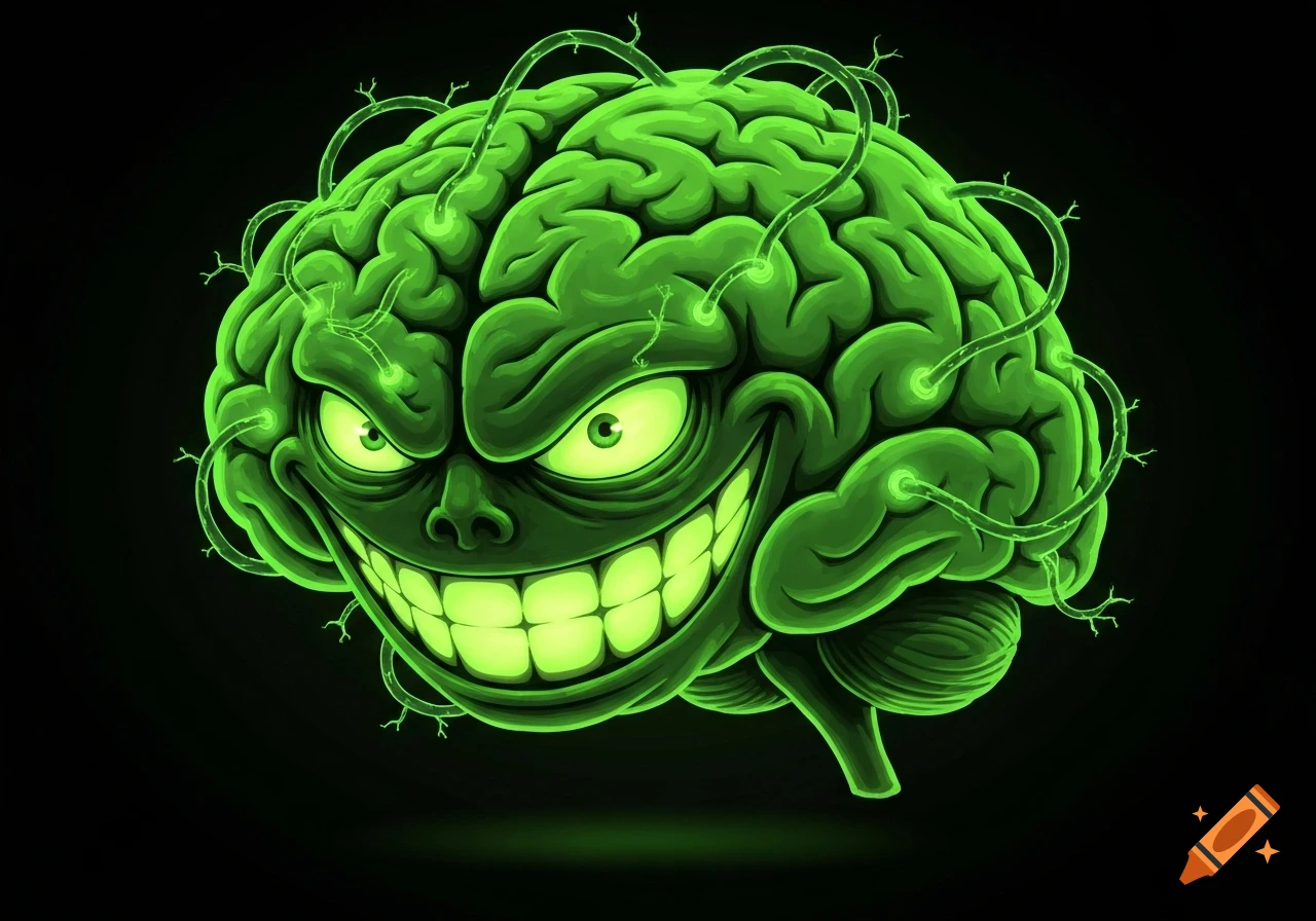 A vivid green cartoon brain with glowing eyes and a wide, evil grin, surrounded by glowing neurons, on a black background.