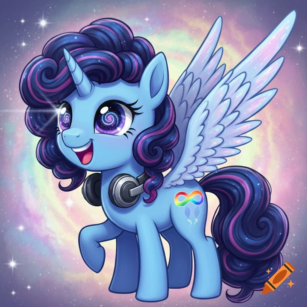 A chibi My Little Pony-style alicorn with a blue coat, curly navy-purple mane, galaxy eyes, headphones, and a rainbow infinity symbol against a galaxy background.