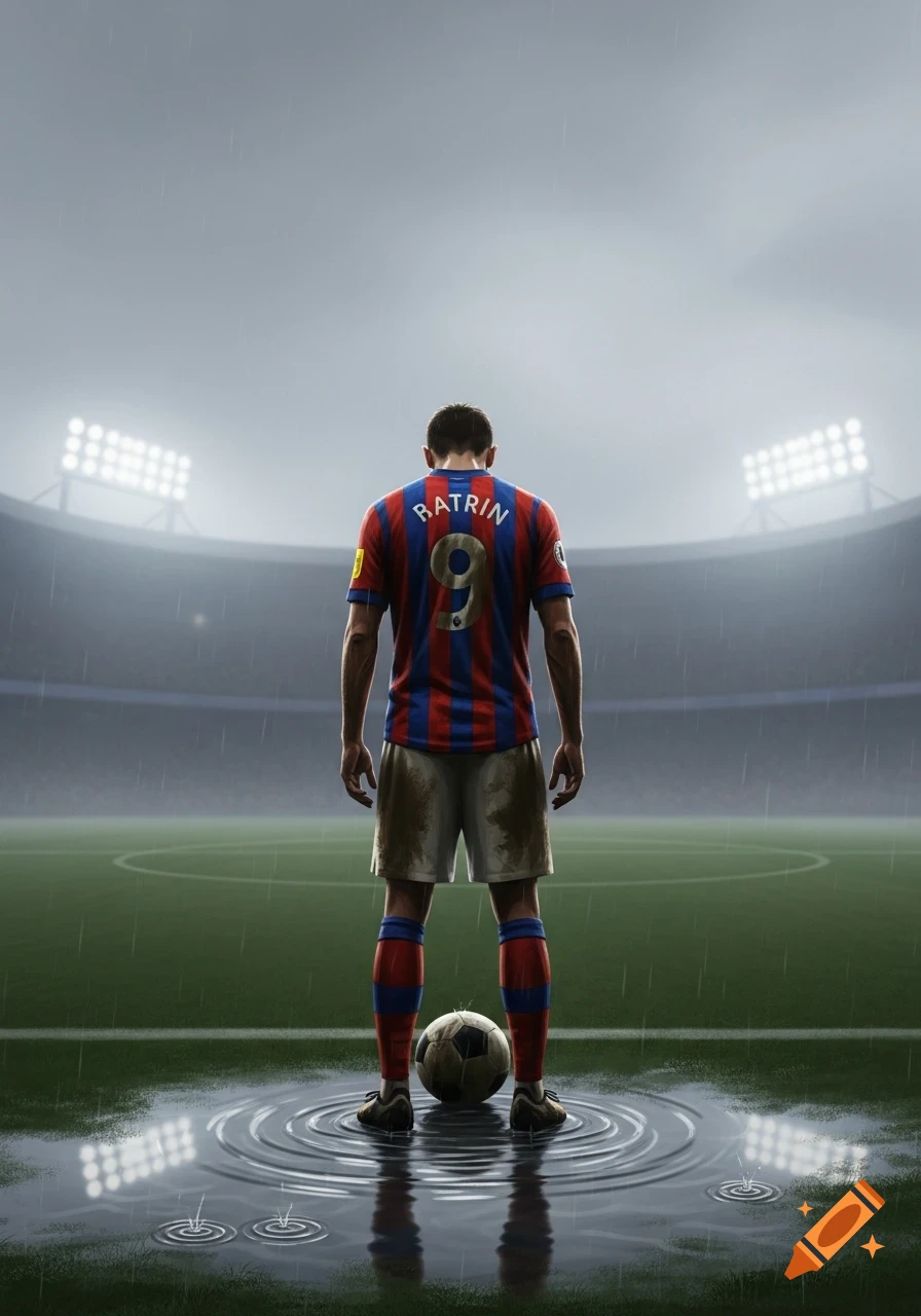 A soccer player stands dejected with a ball in a puddle on a rainy stadium field, facing away from the viewer.