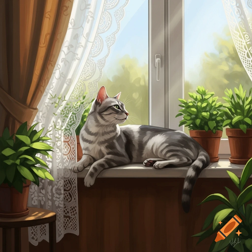 A gray tabby cat lies on a sunlit windowsill next to potted plants and lace curtains, looking outside in an illustrative style.