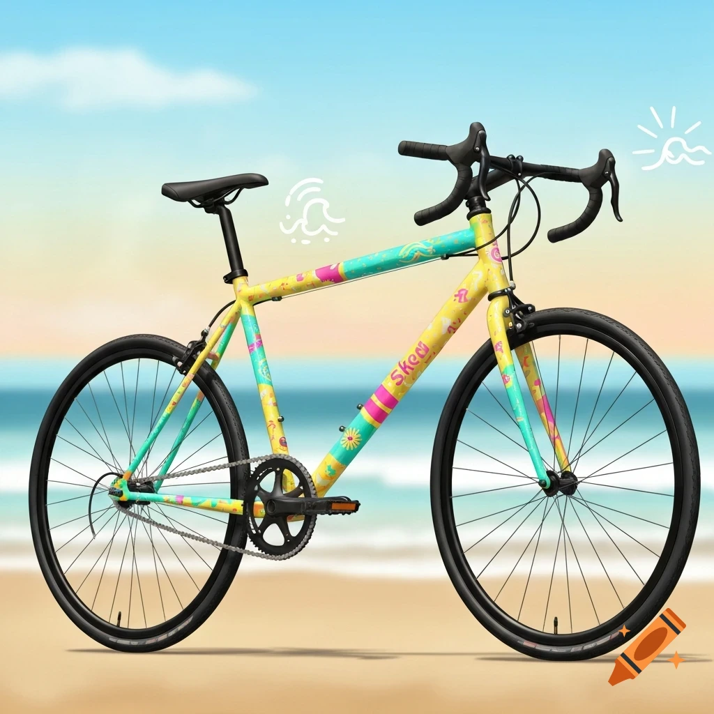 A colorful sports bicycle with black tires and handlebars stands on a sandy beach under a blue sky, designed with a beach summer vibe.