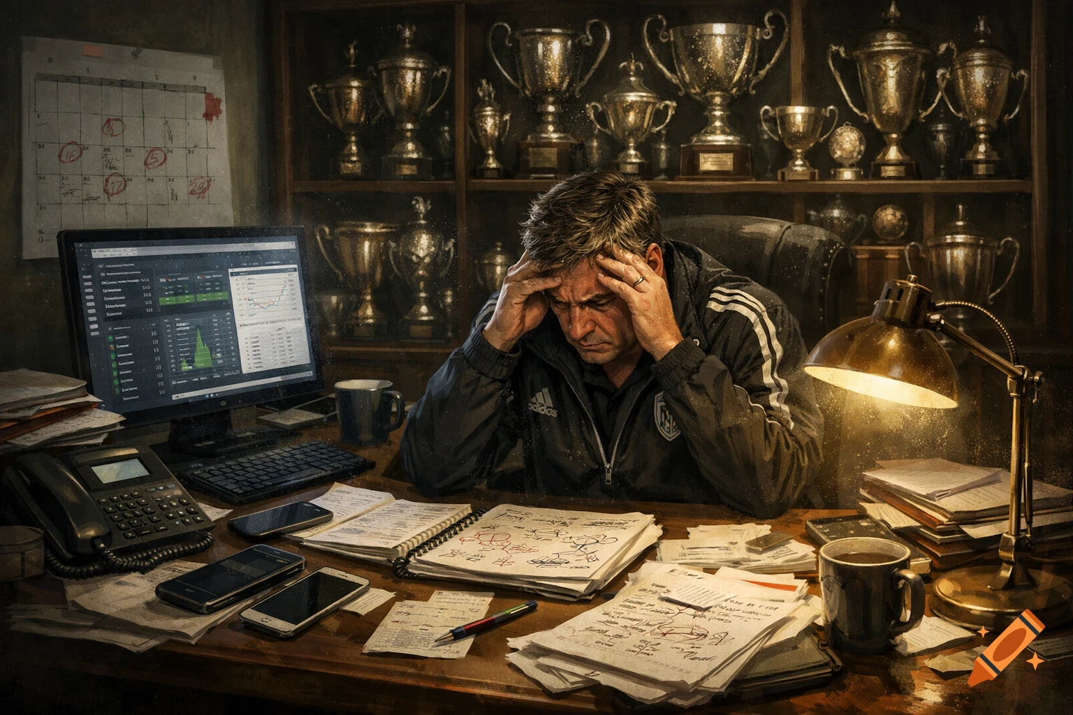 A stressed football manager sits at a cluttered desk in an office, surrounded by trophies, a computer, and papers.