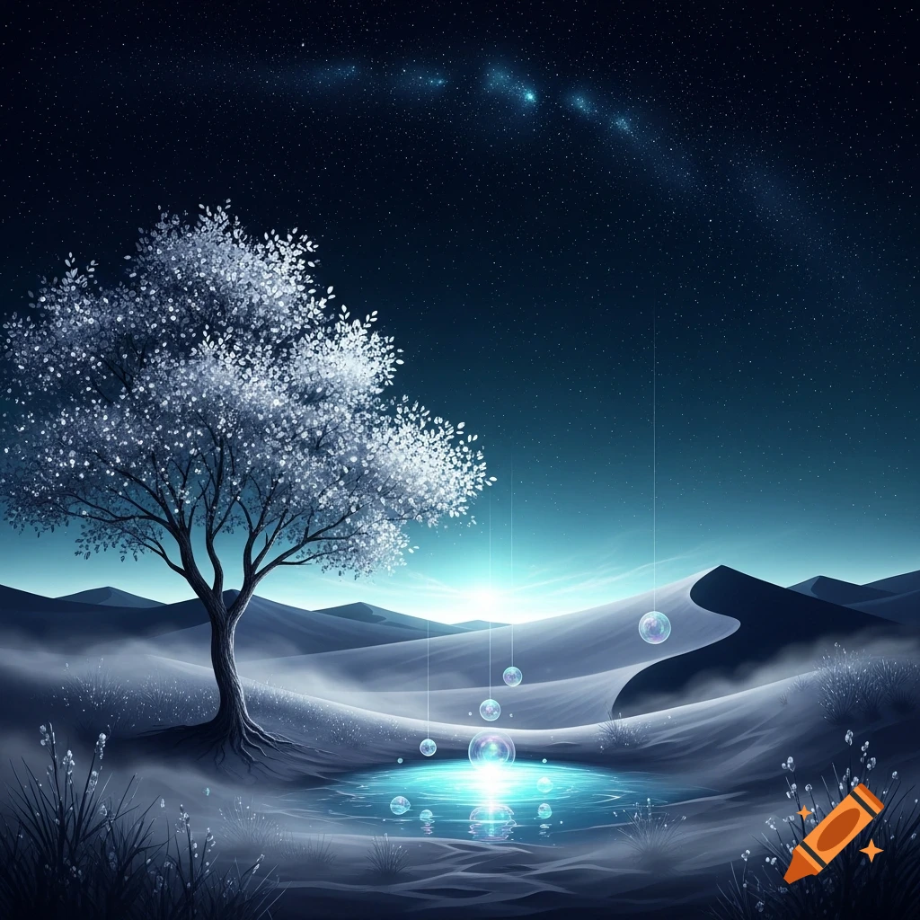 A fantastical night landscape with a white-leafed tree by a glowing pond, shimmering bubbles, and a starry sky above serene dunes.