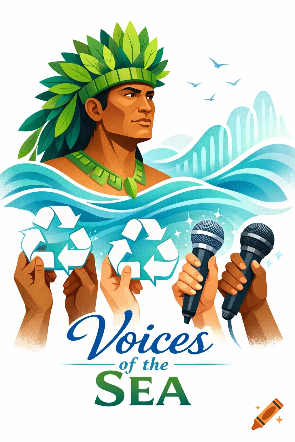 Flat vector illustration of a person with a leaf crown and ocean waves, with hands holding recycle symbols and microphones. Text: 'Voices of the Sea'.