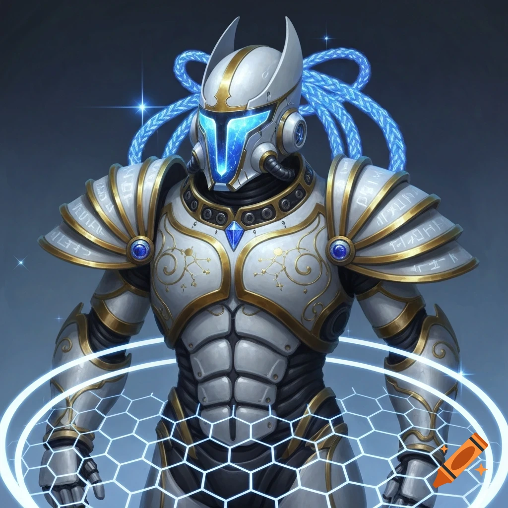 An armored warrior in bone-white ceramic alloy with gold plating, a glowing blue visor, and a hexagonal energy barrier.