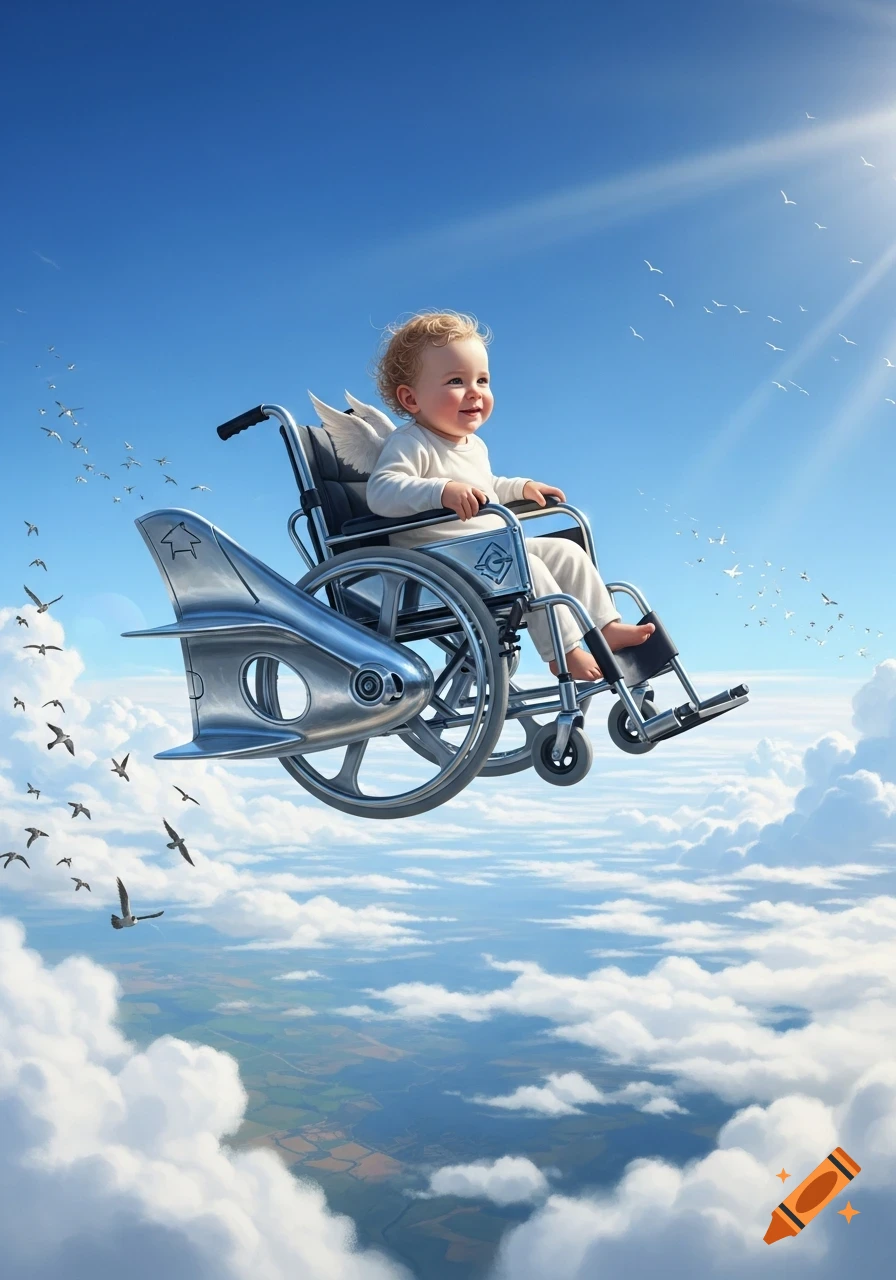 A happy baby with angel wings sits in a wheelchair with a rocket attached, flying high above clouds under a bright blue sky.