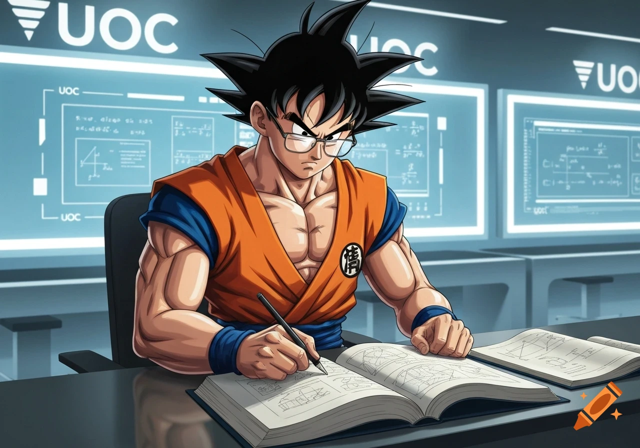 Goku from Dragon Ball, wearing glasses, an orange gi, and a blue undershirt, diligently studies at a desk with an open book, in a modern UOC university classroom.
