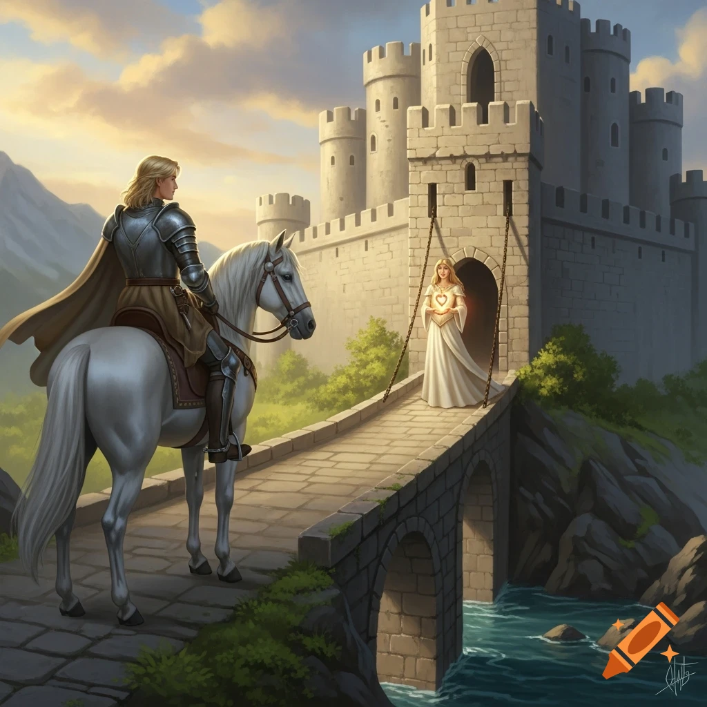 A knight on a white horse faces a princess holding a glowing heart on a drawbridge to a stone castle at sunset.