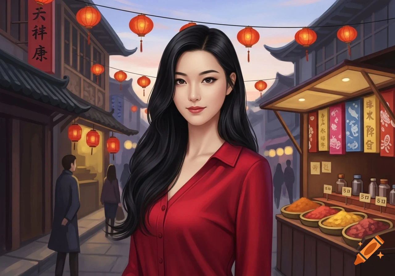 Young Chinese woman with long black hair and a red shirt in a lantern-lit street market, digital art.