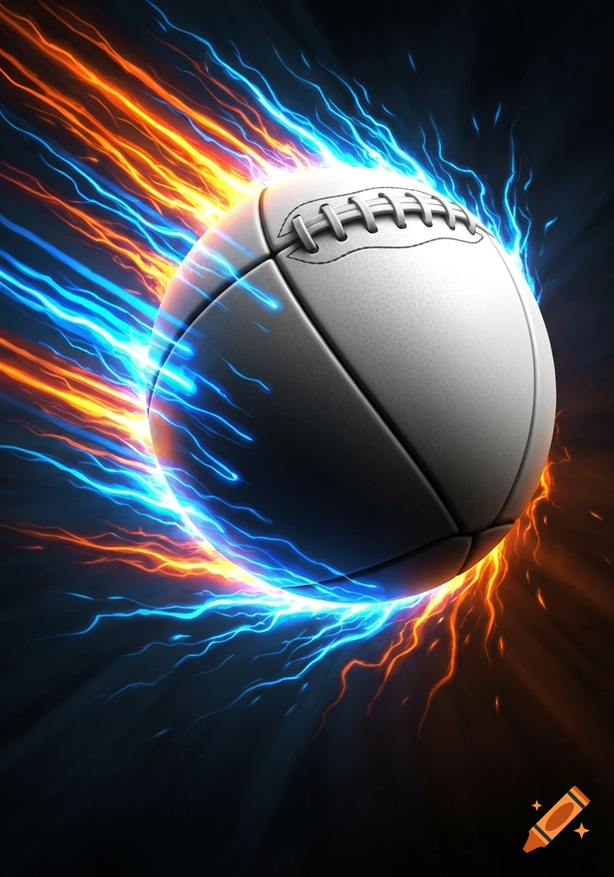 A white football encircled and streaked with vibrant blue and orange energy on a dark background.