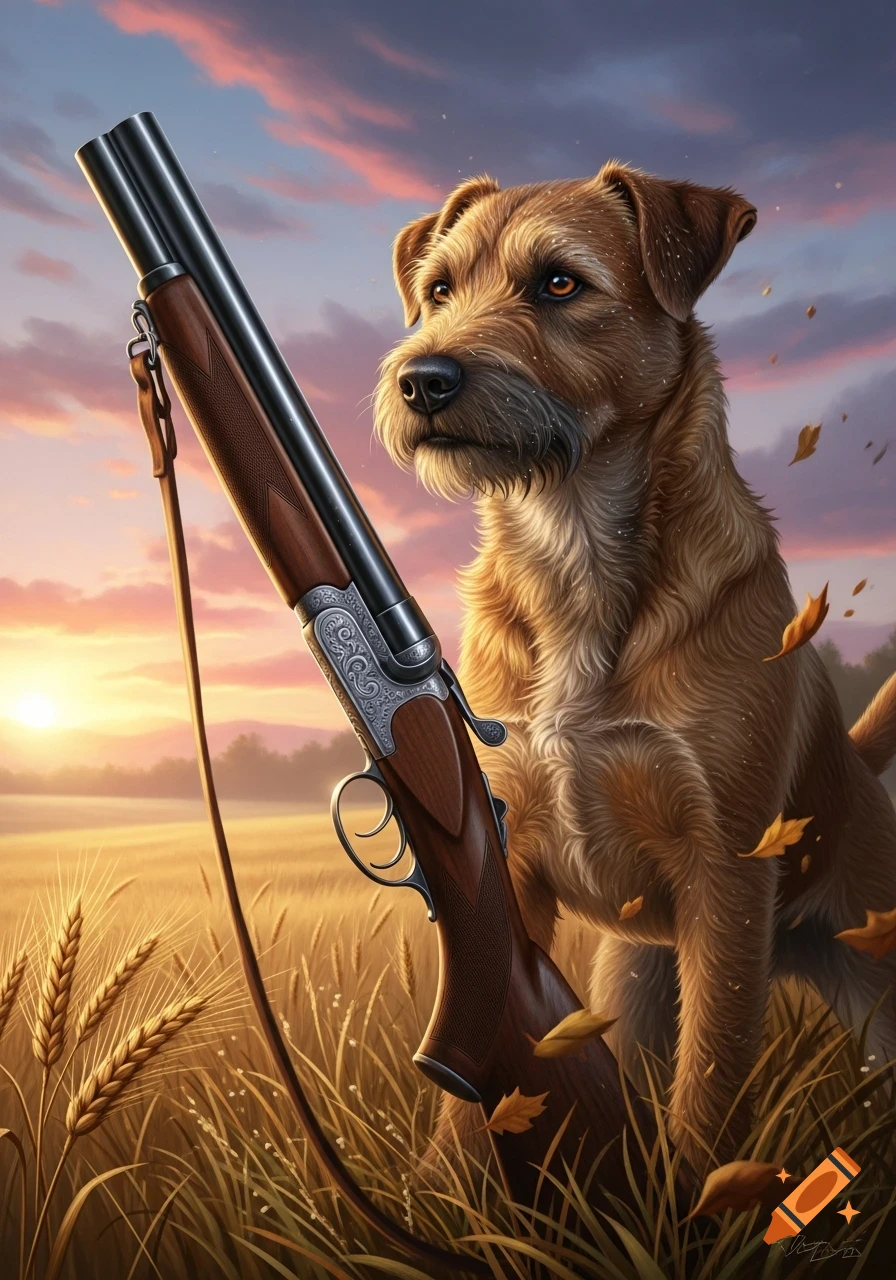 A shaggy brown dog stands next to a shotgun in a golden wheat field at sunset, with autumn leaves falling.