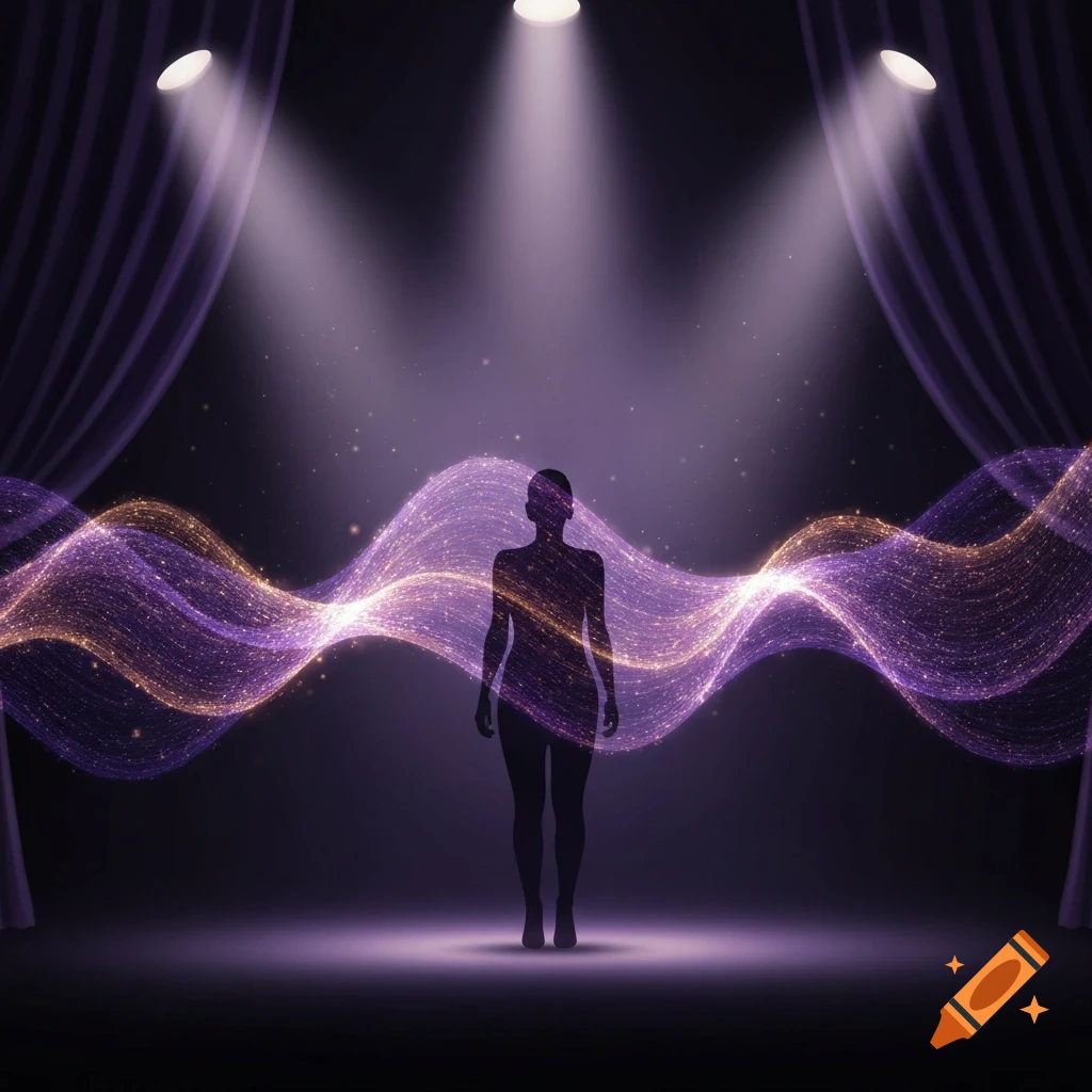 A dark human silhouette stands center stage under spotlights, framed by purple curtains and glowing wavy light particles.