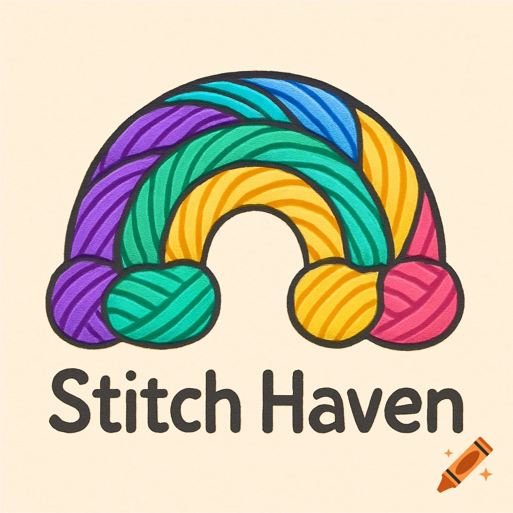 A colorful logo for Stitch Haven featuring a rainbow made of yarn in purple, green, yellow, blue, and pink colors.