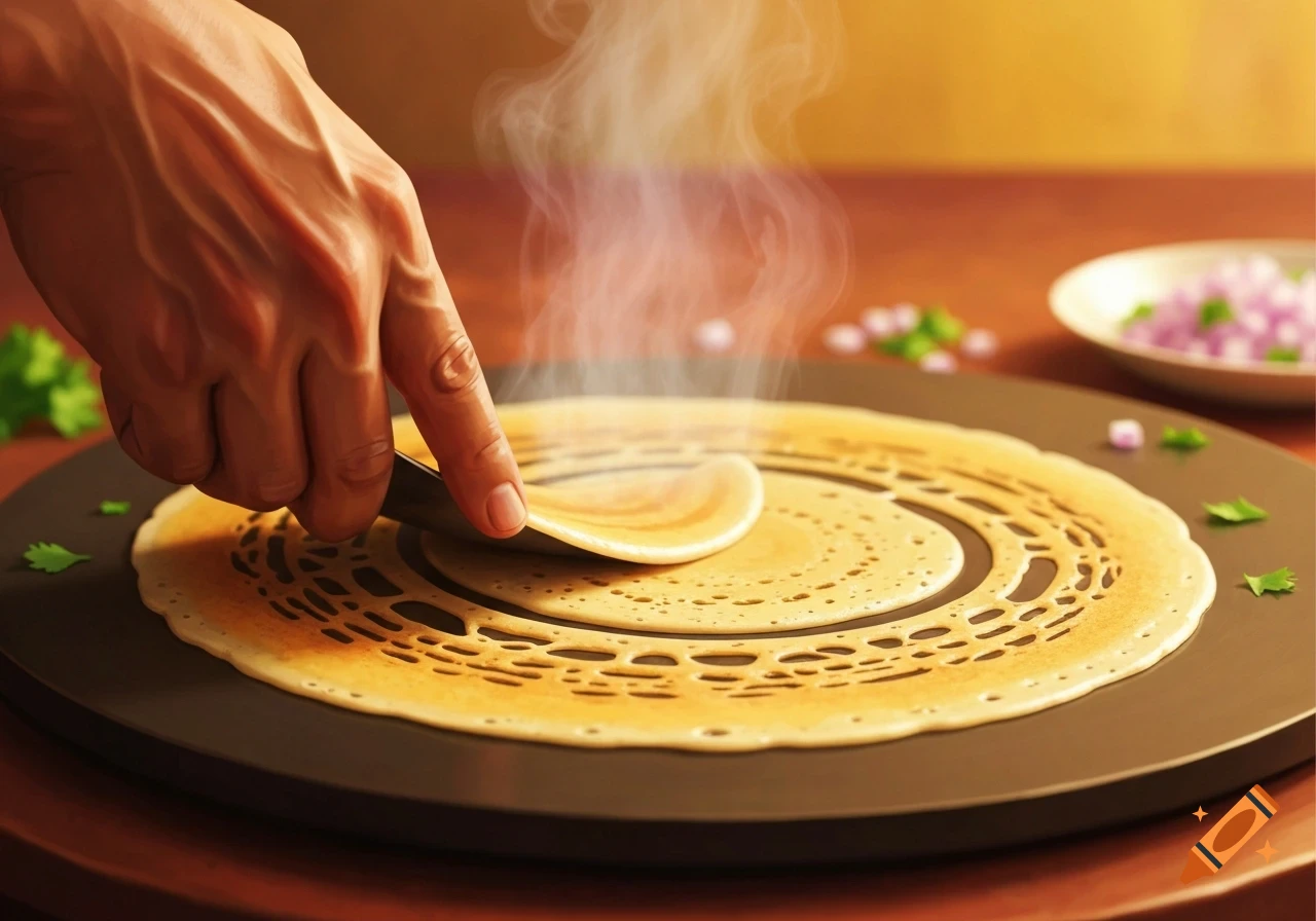 A hand carefully flips a steaming dosa on a hot griddle, with chopped onions and cilantro in the background, photorealistic style.