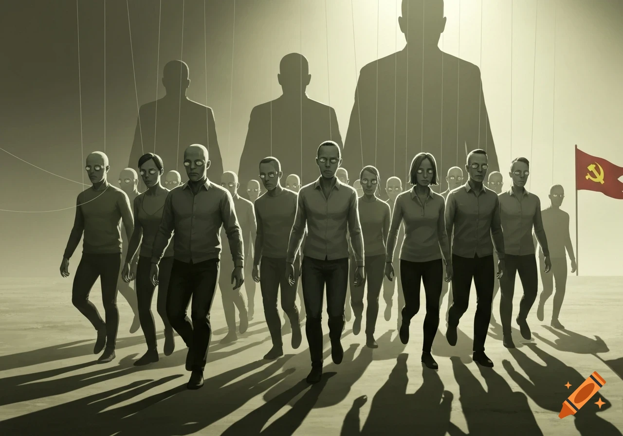 A stylized illustration of expressionless people, controlled like puppets by giant shadowy figures, walking past a communist flag.
