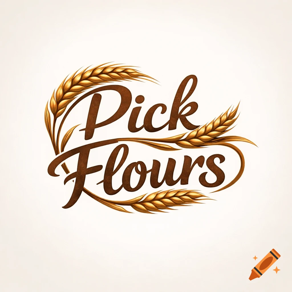 A brown script logo for 'Pick Flours' intertwined with golden wheat stalks on a light cream background.