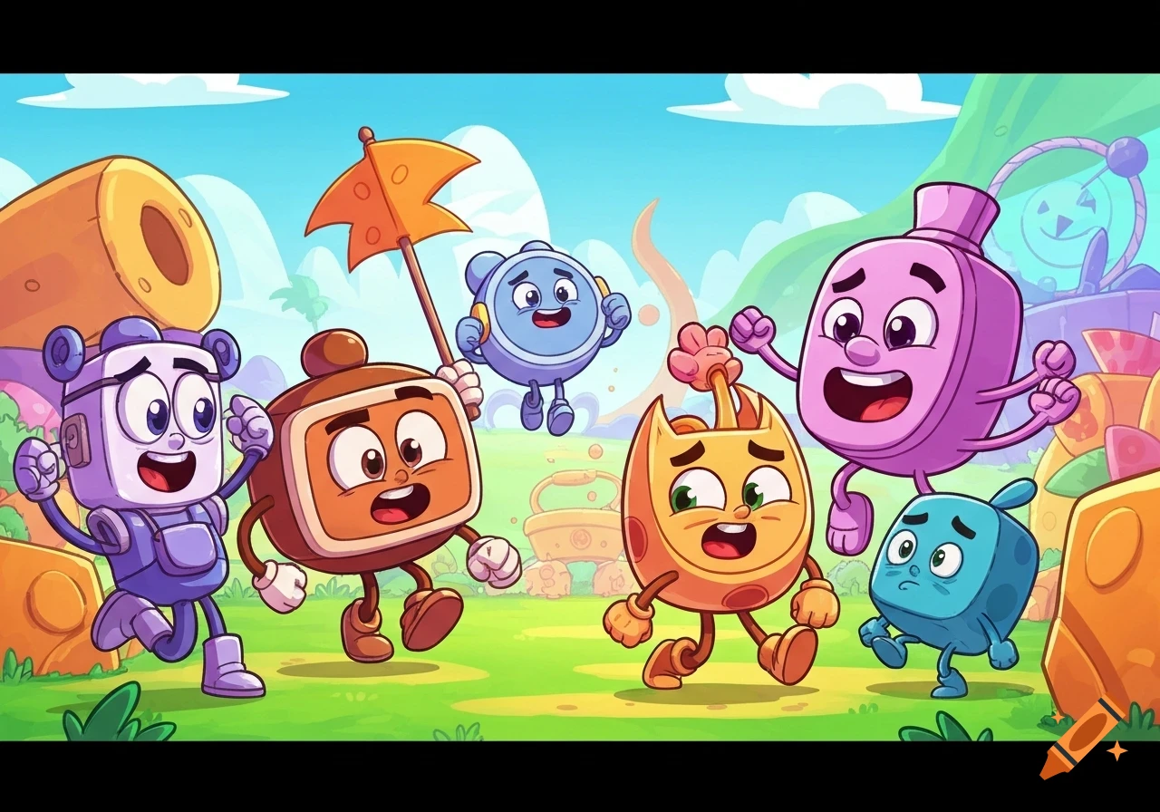 Six colorful cartoon object characters, including a purple robot and a brown TV, run through a whimsical landscape under a blue sky.