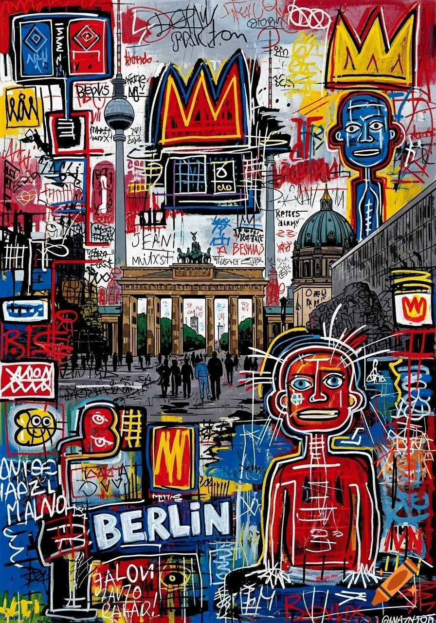 A colorful, busy artwork in Jean-Michel Basquiat's style, featuring Berlin landmarks like the Brandenburg Gate and TV Tower, surrounded by abstract figures, crowns, and graffiti text, including 'BERLIN'.