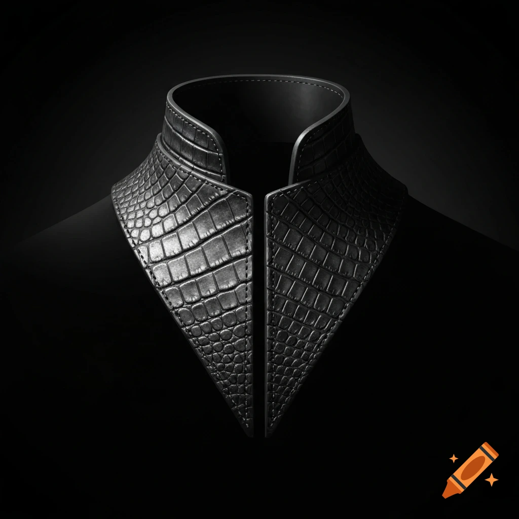 A close-up, high-quality studio shot of a black alligator leather jabot collar, illuminated against a dark background.
