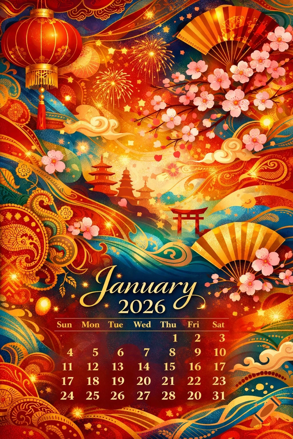 Vibrant, ornate calendar for January 2026 with Asian festive elements like lanterns, cherry blossoms, pagodas, and fireworks.