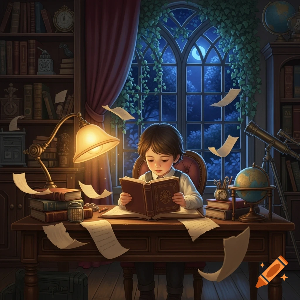 A stylized illustration of a young child reading a book at a desk in a cozy, lamp-lit study room at night. Papers float around, and a large window shows a moonlit sky.