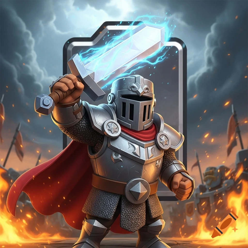A stylized knight in armor and a red cape raises a glowing sword, standing on a fiery battlefield with a card frame background.