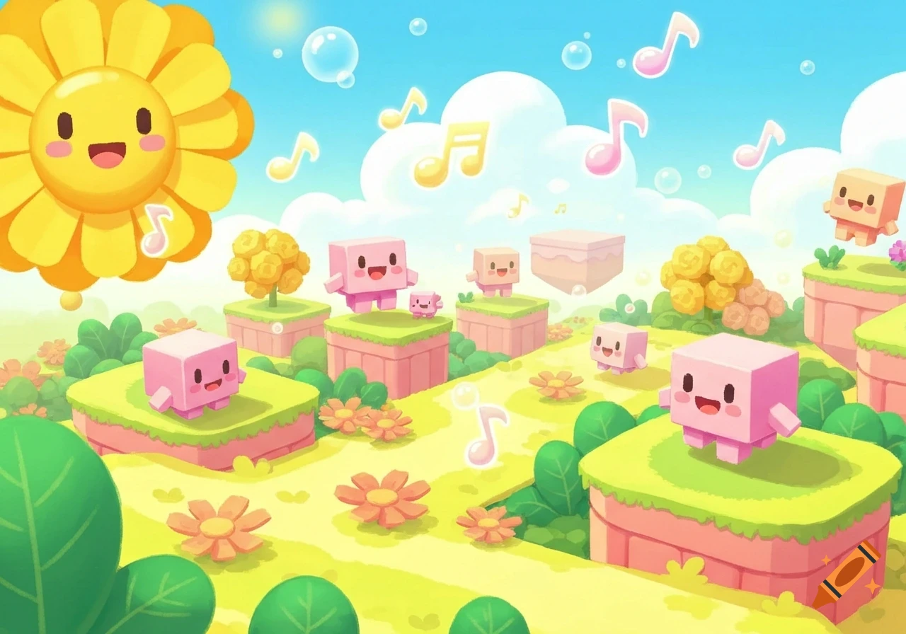Cute, blocky pink characters and a happy sunflower in a colorful cartoon game world with floating platforms and musical notes under a blue sky.