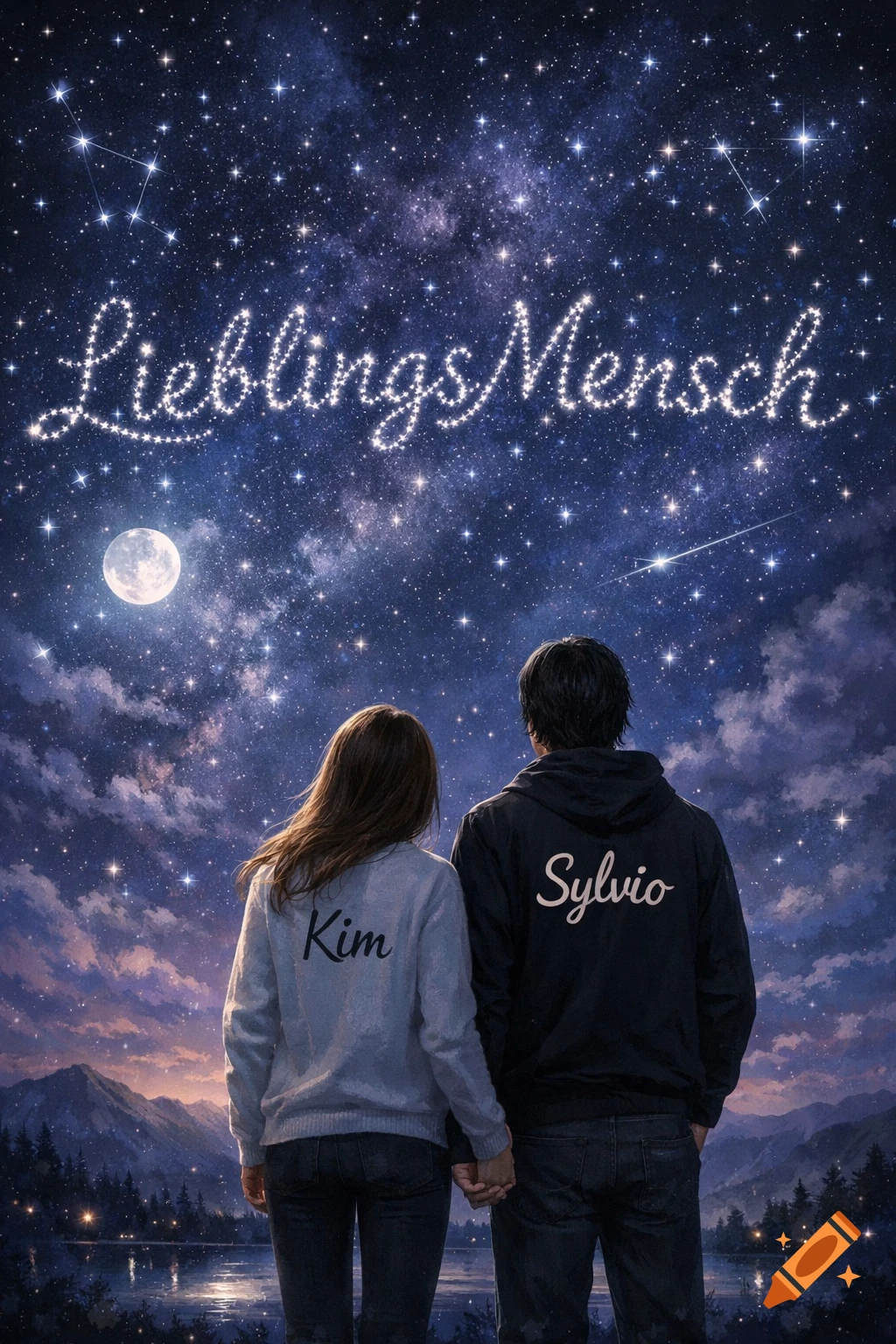 A couple holds hands, seen from behind, looking at a starry night sky with "LieblingsMensch" spelled out in stars over mountains and a lake.